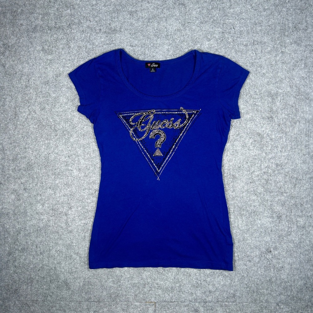 Guess T Shirt Women Size Medium Blue Rhinestone Logo Graphic V-Neck Short Sleeve